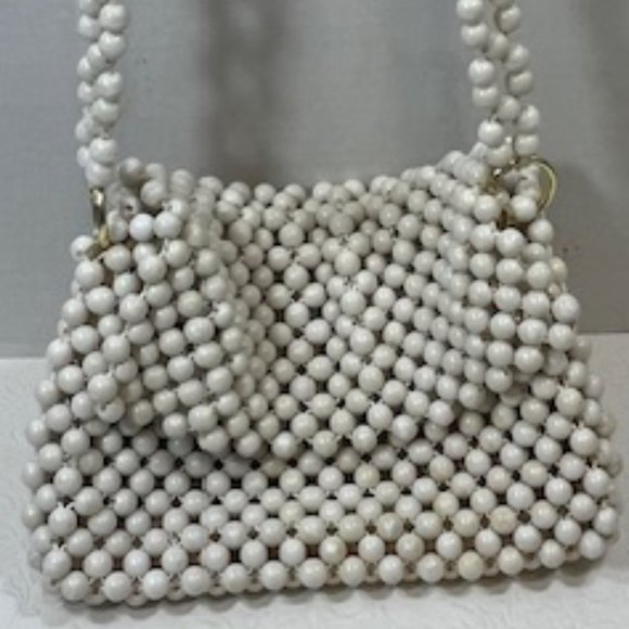 VTG White Beaded Fold Over Retro Shoulder Handbag Made in Japan 9"x6" - Picture 2 of 14